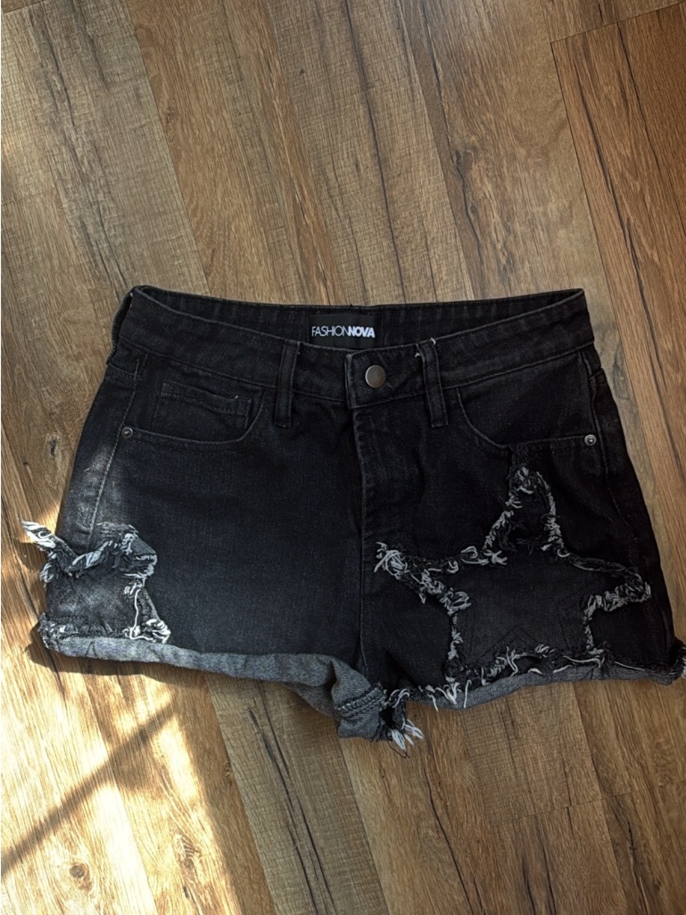 Fashion Nova Black Distressed Star Denim Cutoff Shorts
